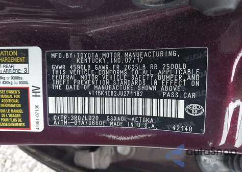 2018 Toyota Avalon Xle z USA, uszkodzony, nr VIN 4T1BK1EB2JU271182